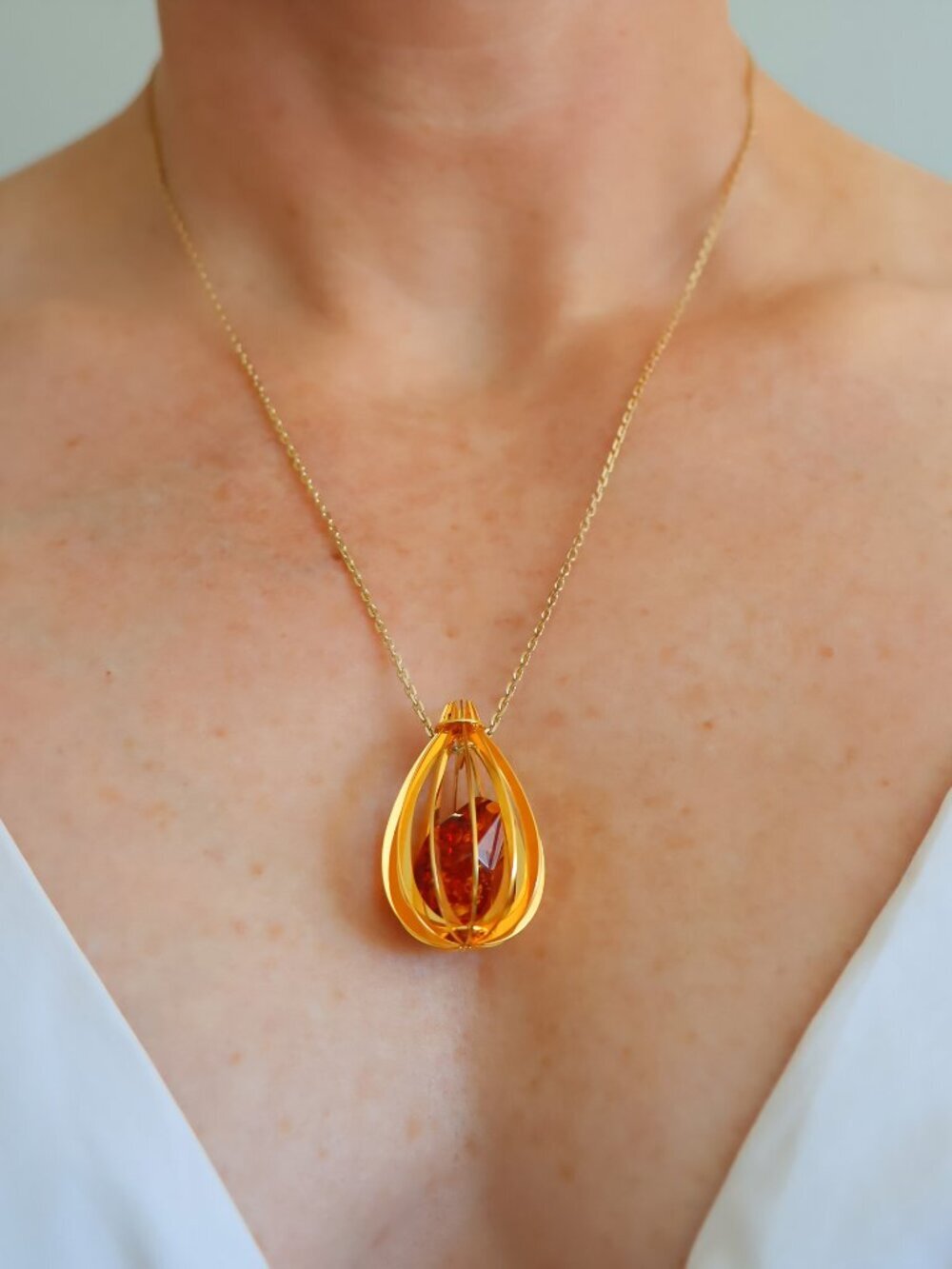 Cognac Amber Necklace in Gold Birdcage Pendant 14k Sterling Silver